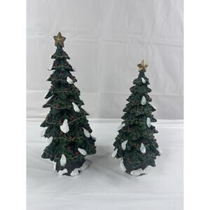 Home Interiors & Gifts 11” & 9” Resin Christmas Trees Snow Adorned Holiday